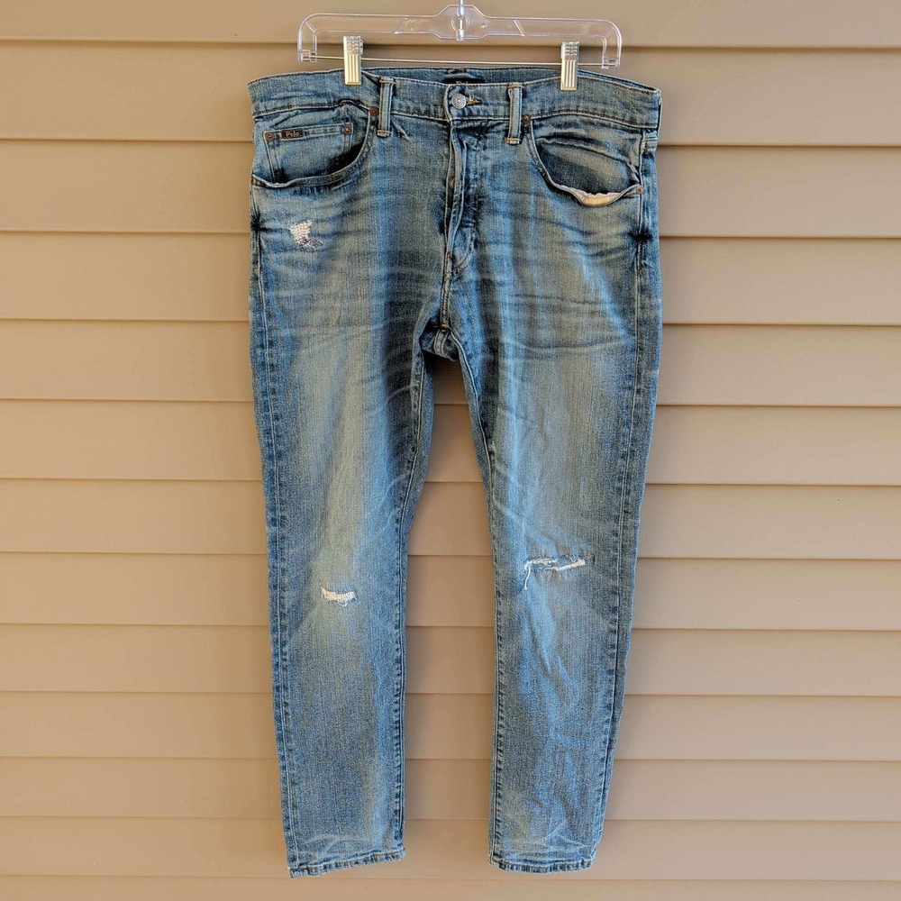 Polo Ralph Lauren Sullivan Slim Jeans Mens 34x32 Blue Distressed Button Fly